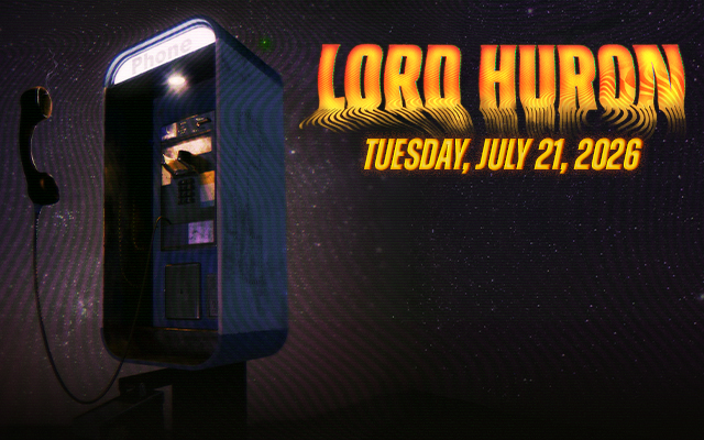 Illuminated vintage payphone with Lord Huron text and event date on a dark starry background