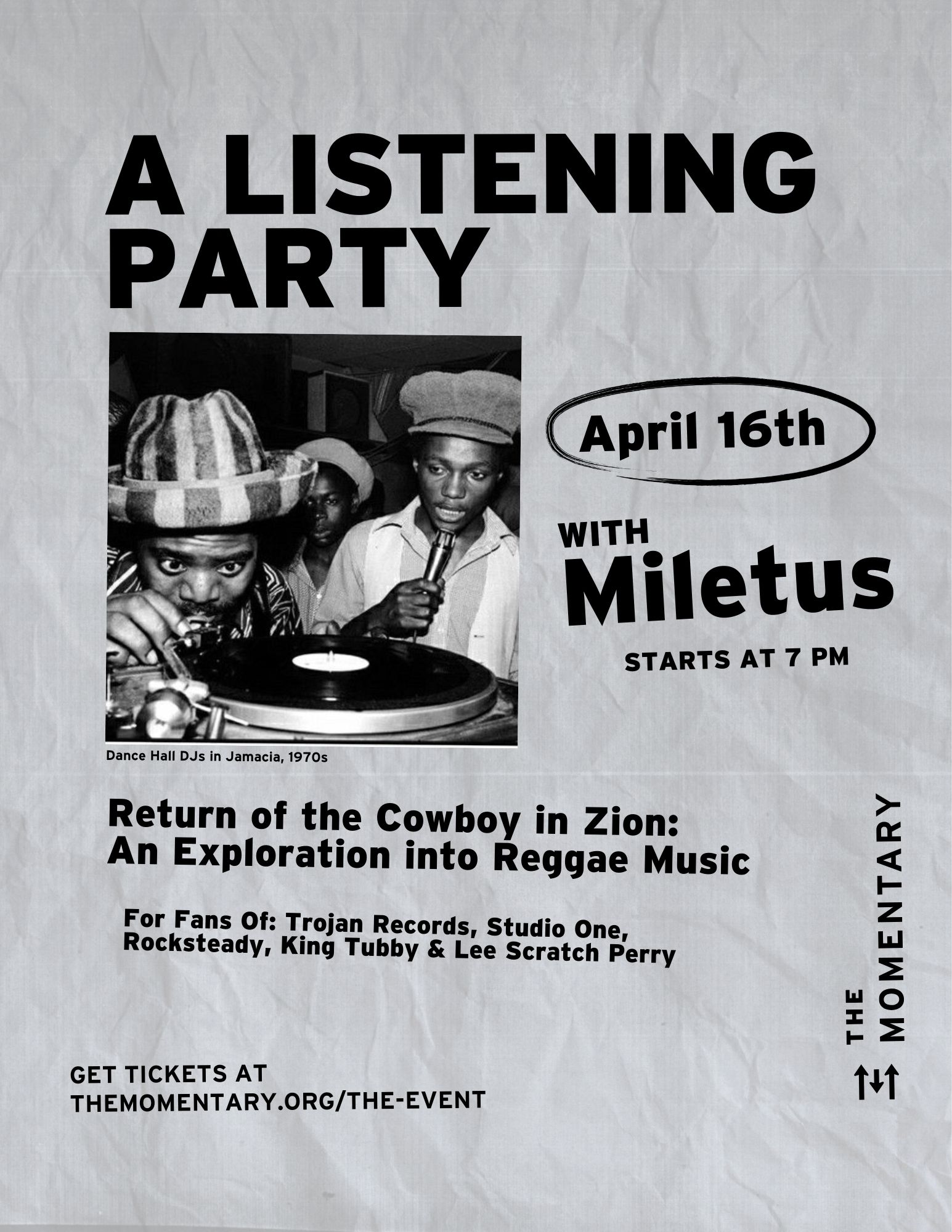 Black and white photo of 1970s Jamaican Dance Hall DJs for a reggae listening party event.