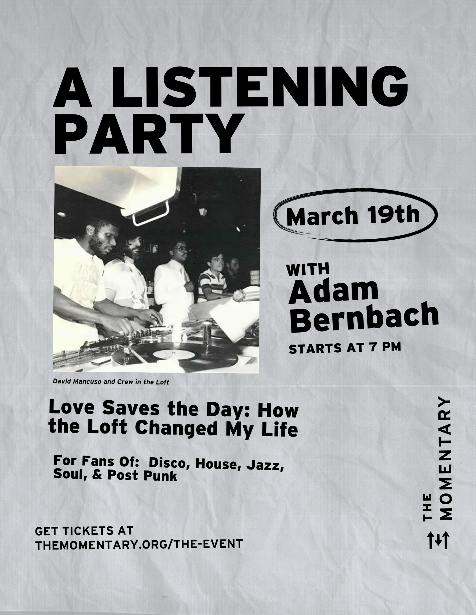 Listening party event flyer featuring David Mancuso and Crew, March 19th, 7 PM at The Momentary.