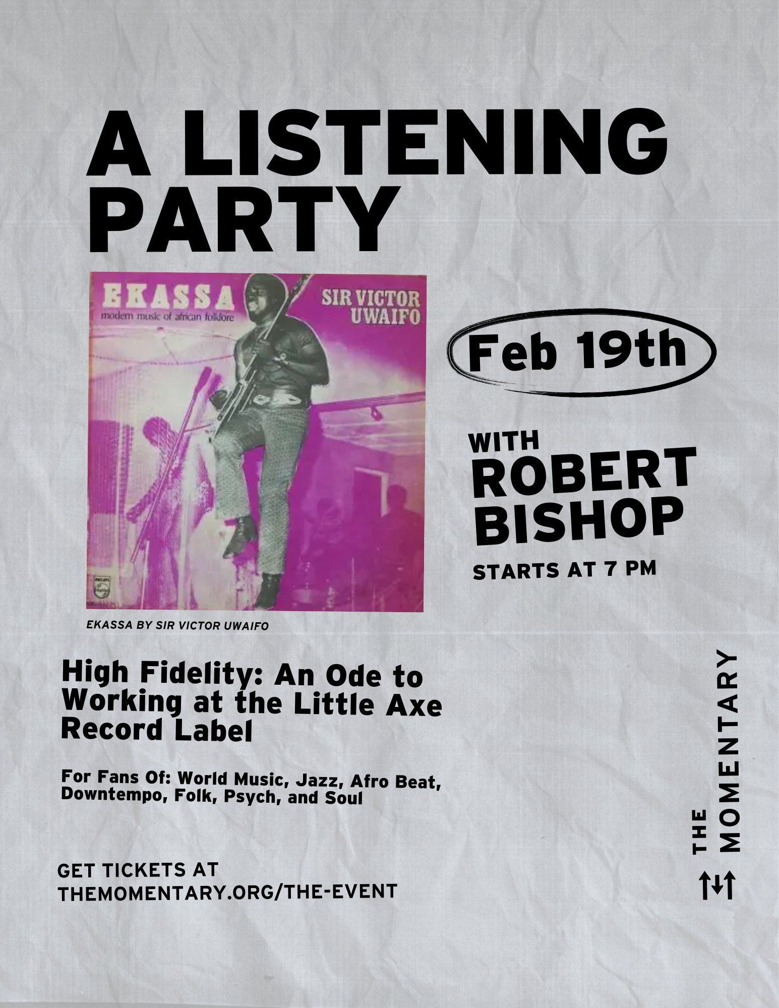 Listening party flyer featuring Ekassa album by Sir Victor Uwaifo with event details and ticket info.