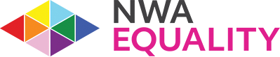 Colorful geometric diamond logo with black NWA and pink EQUALITY text on white background