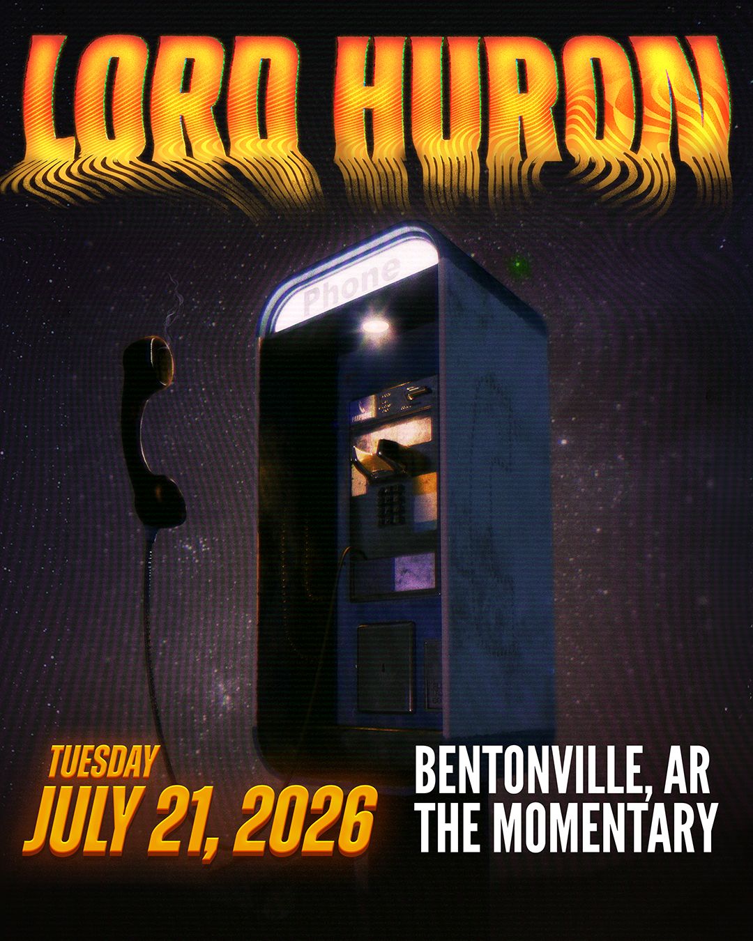 Lord Huron concert poster for July 21, 2026, featuring a retro payphone in Bentonville, Arkansas.