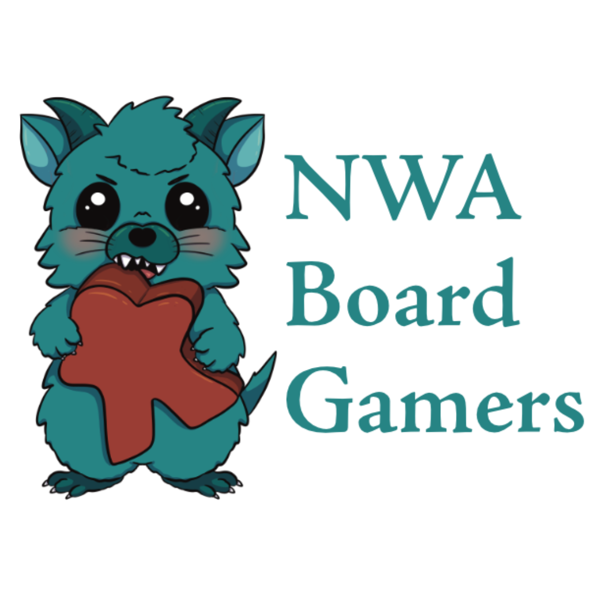 Teal cartoon creature holding a red X game piece next to NWA Board Gamers text.