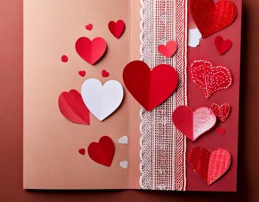 Handmade greeting card with layered red, white paper hearts and a white lace strip on red and beige background.