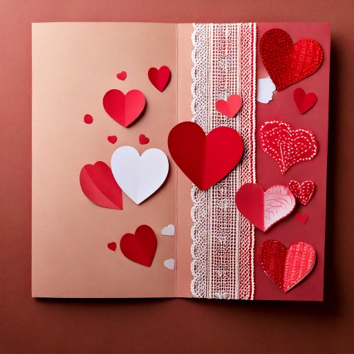 Handmade greeting card with layered red, white paper hearts and a white lace strip on red and beige background.