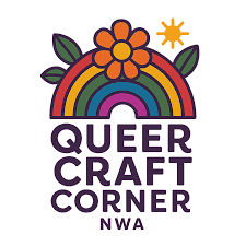 Logo with a rainbow, flower, leaves, sun, and text Queer Craft Corner NWA.