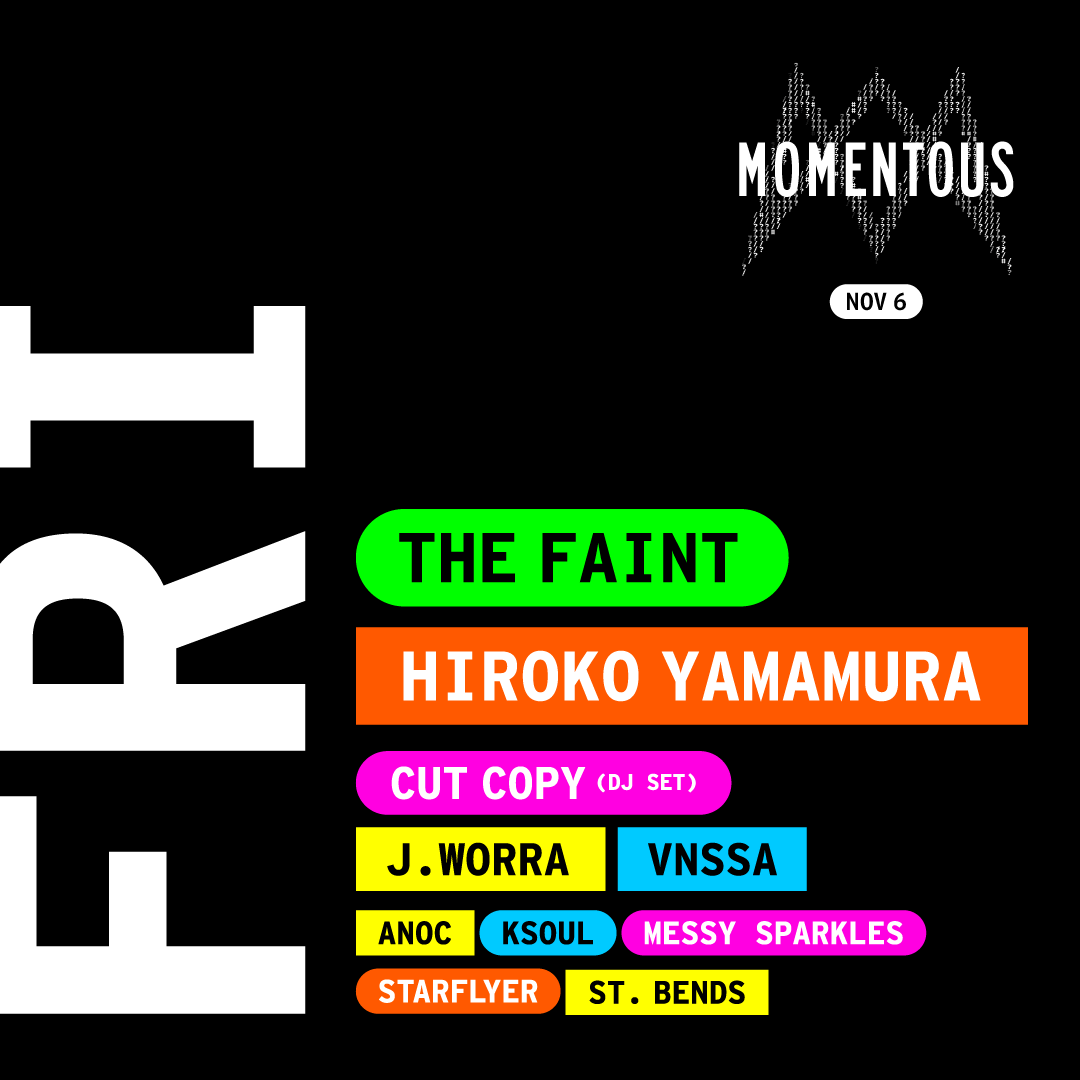 Event poster with bold colored names on black background and MOMENTOUS logo.