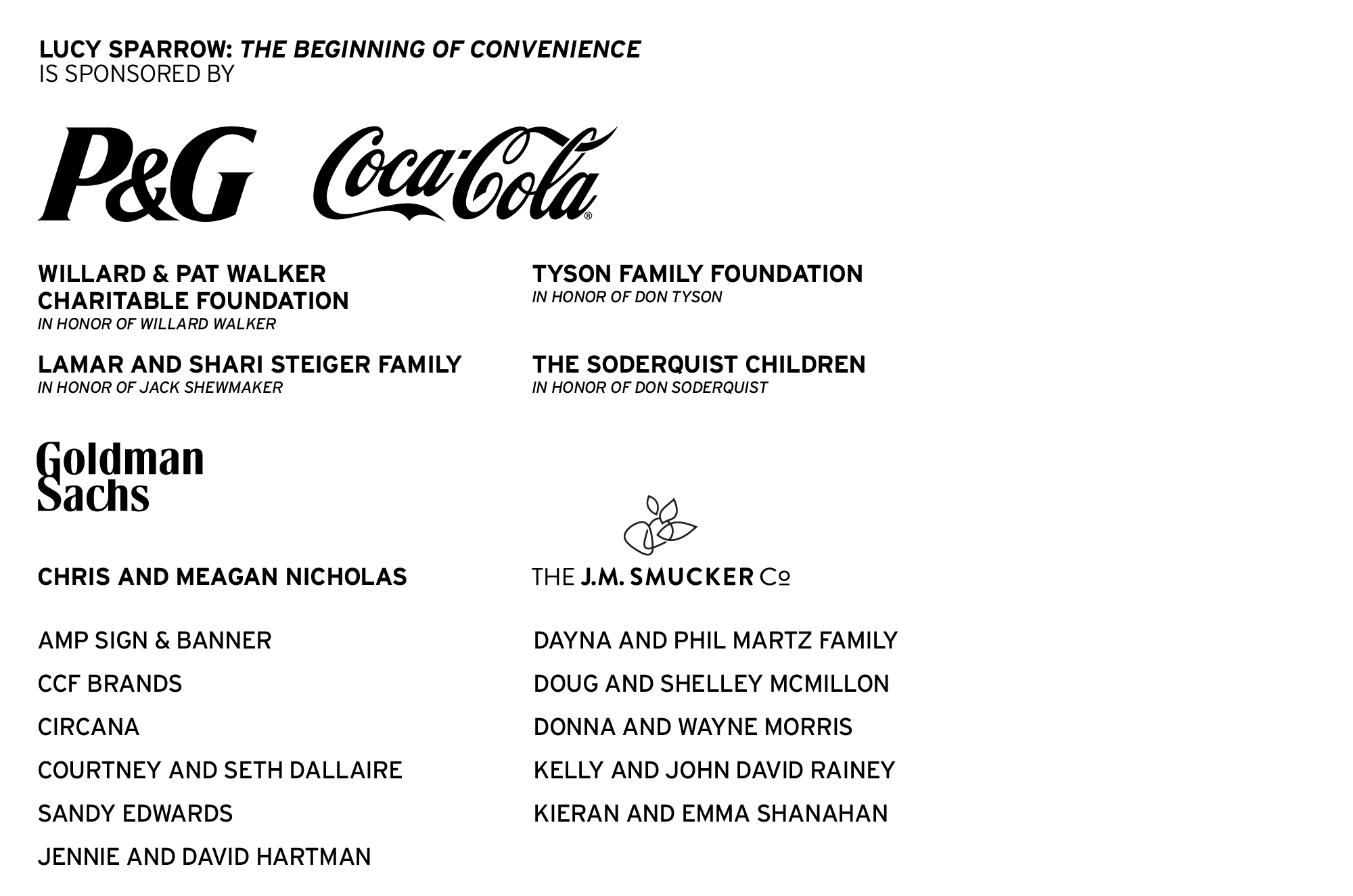 Minimal sponsor wall with black text and logos (P&G, Coca-Cola) on white background.