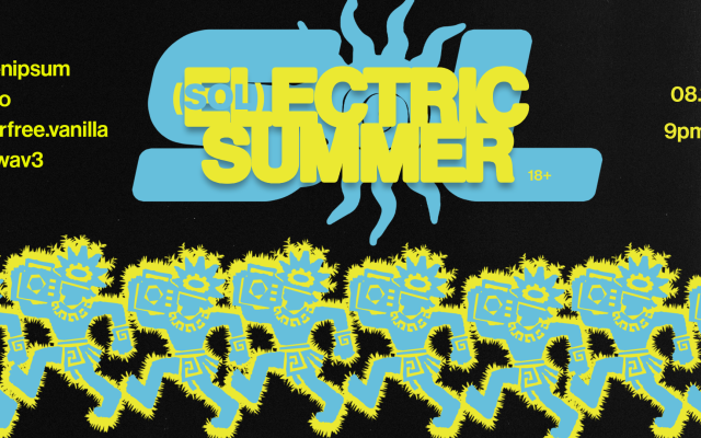 Poster-style event graphic with yellow text “ELECTRIC SUMMER” over blue shapes on black background.