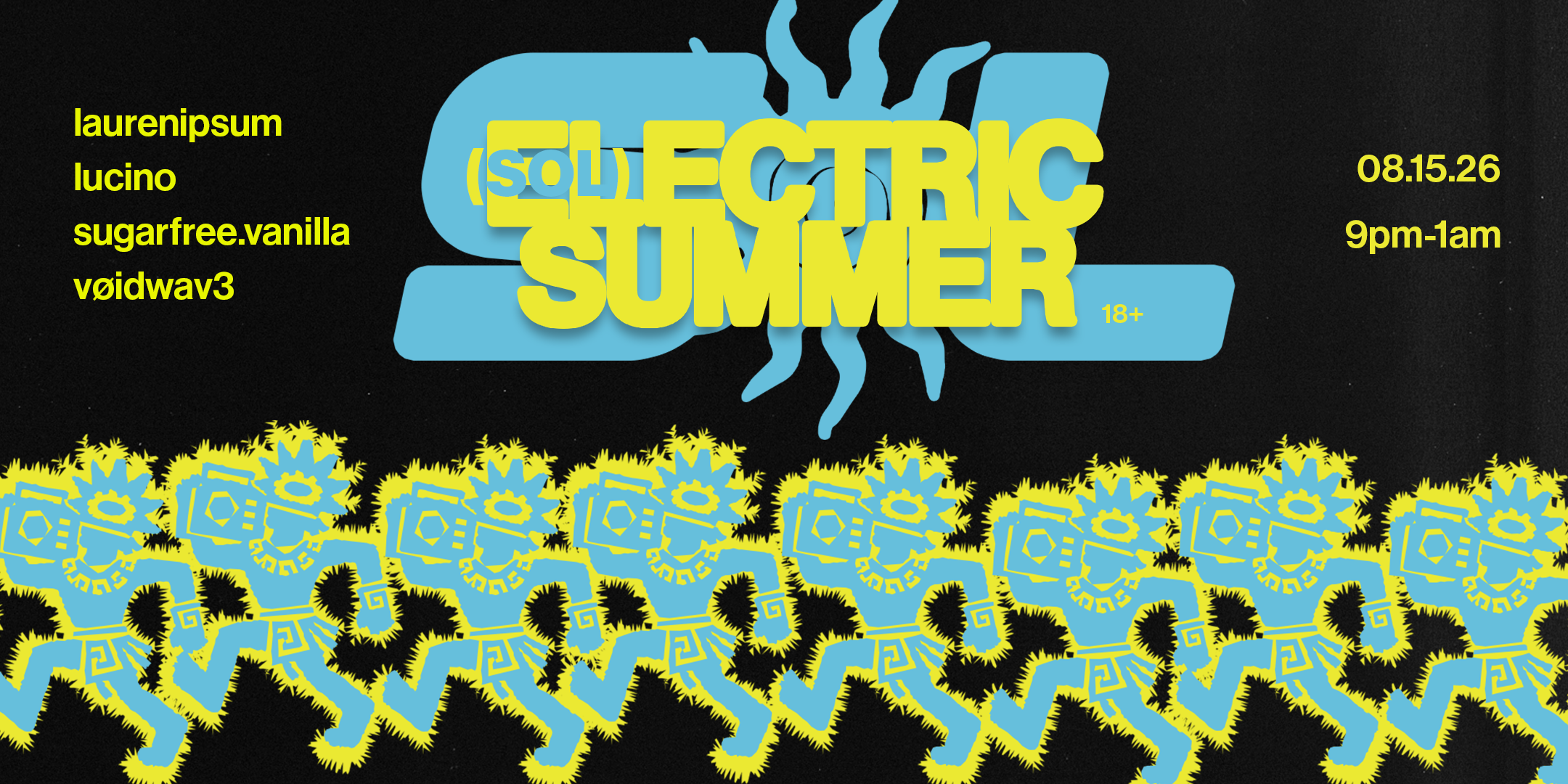 Poster-style event graphic with yellow text “ELECTRIC SUMMER” over blue shapes on black background.