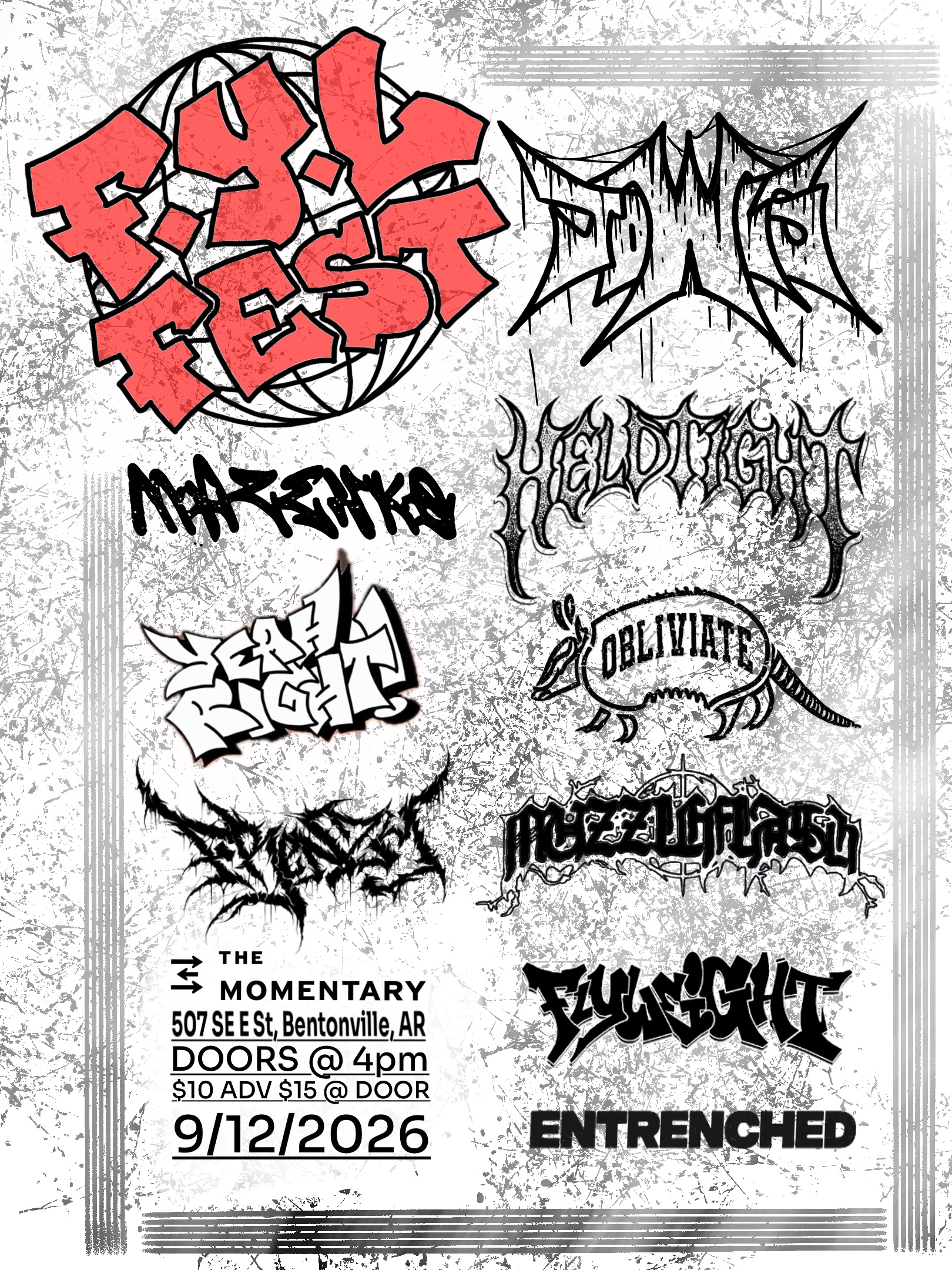 Collage of metal band logos and event text with grunge background, red central logo, and black script logos.