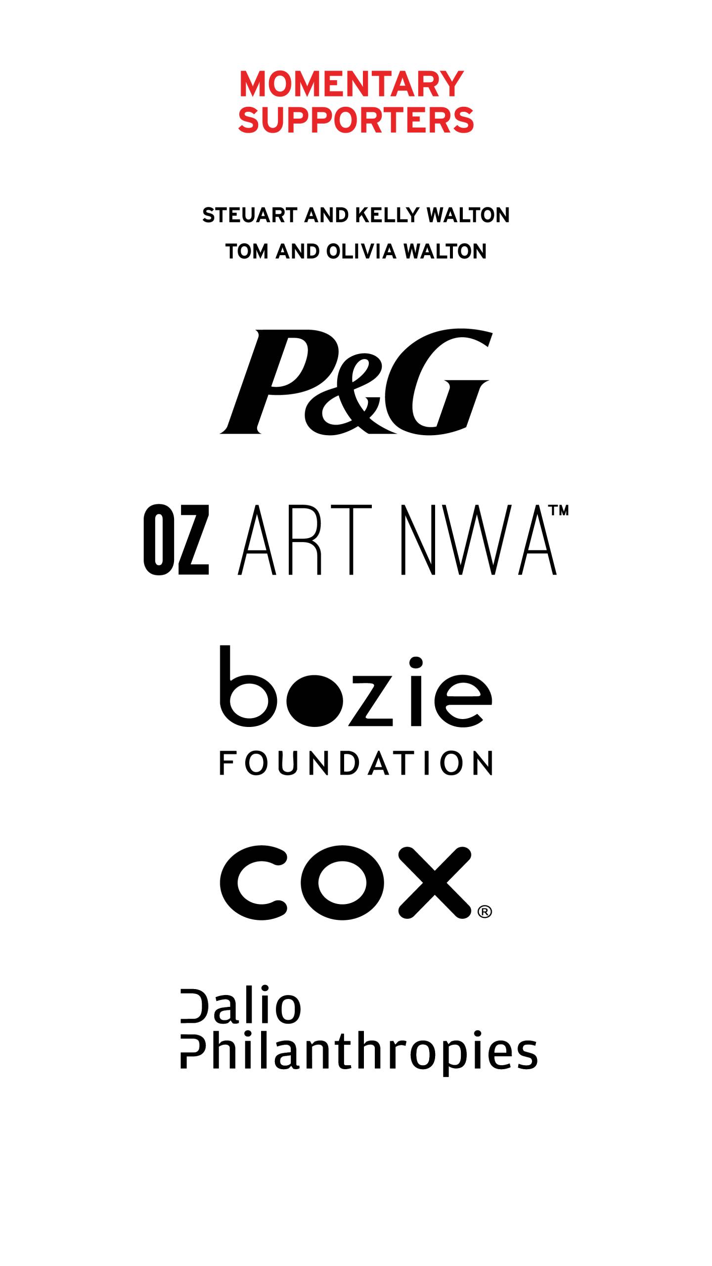 Vertical montage of sponsor logos including Momentary Supporters, P&G, OZ ART NWA, bozie Foundation, COX, and Dalio Philanthropies.