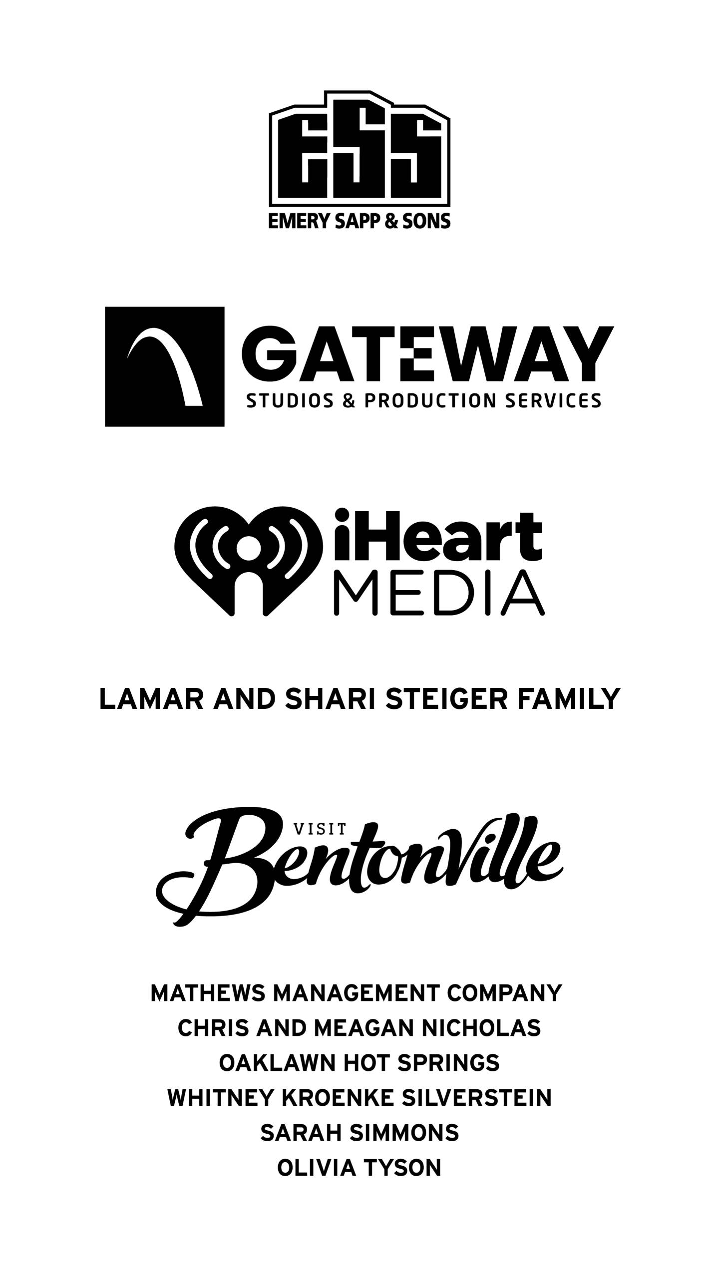 Vertical stack of logos: Emery Sapp & Sons, Gateway Studios, iHeart Media, and Bentonville branding with names.