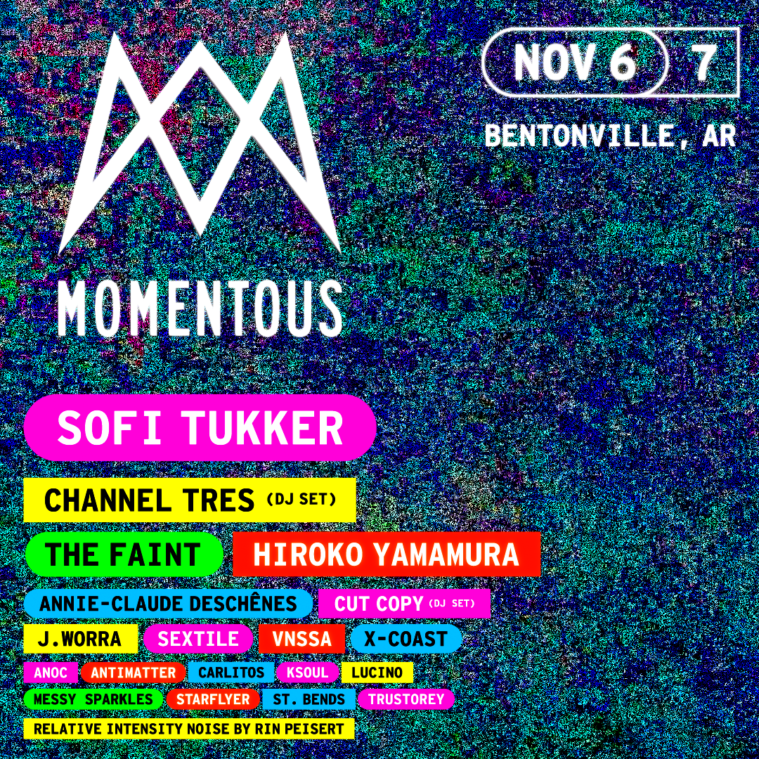 Colorful electronic music poster with bold logos and stacked artist names on grainy background.