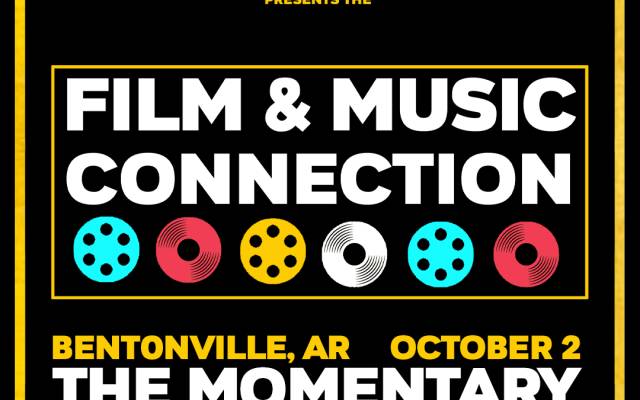 Bold black poster with yellow border promoting Film & Music Connection event featuring large white text and colorful film reel icons.