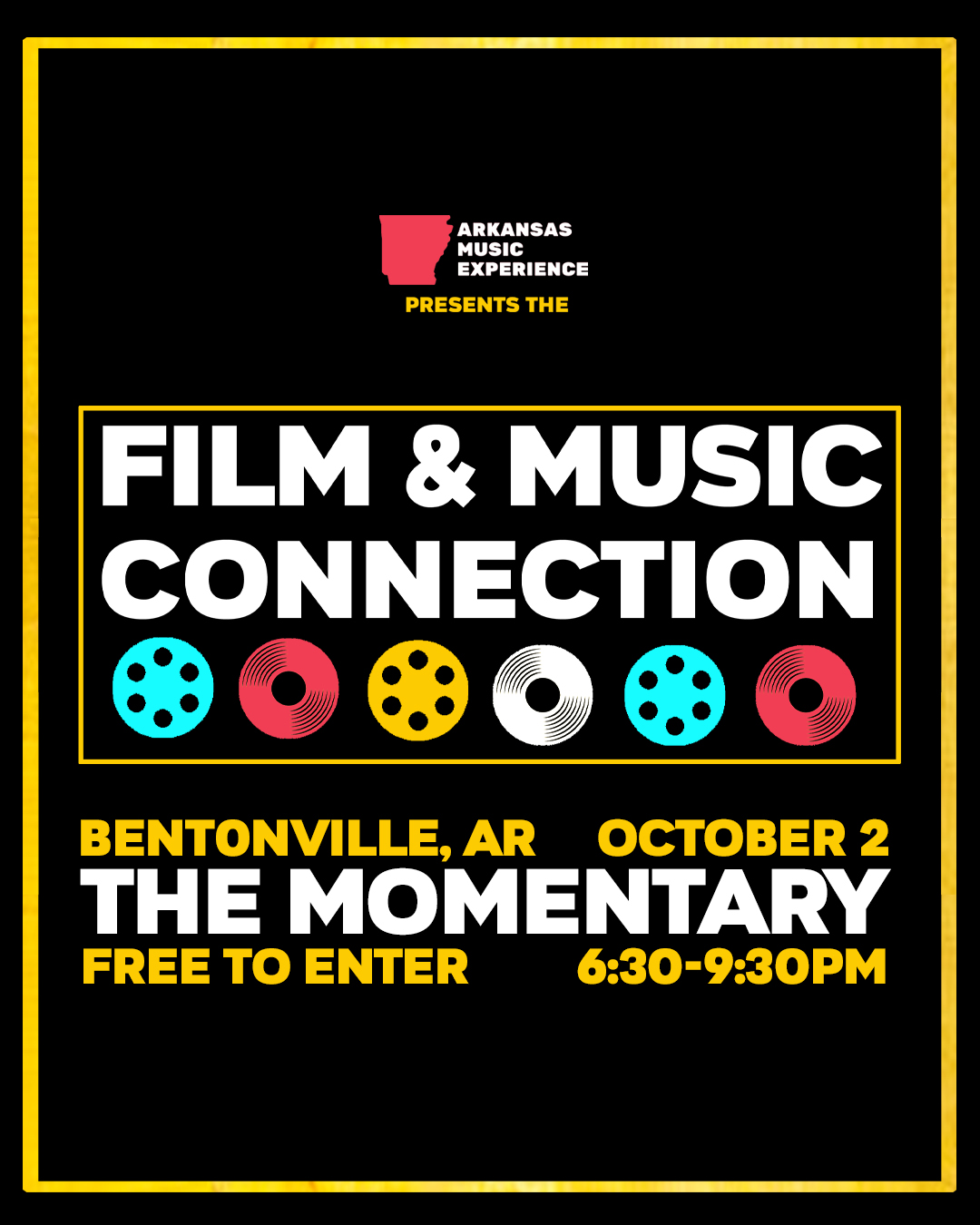 Bold black poster with yellow border promoting Film & Music Connection event featuring large white text and colorful film reel icons.