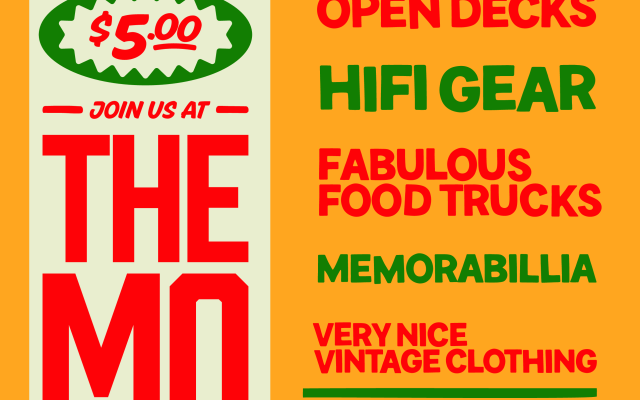 Bright orange poster with bold red/green text advertising a record fair and $5 sign.