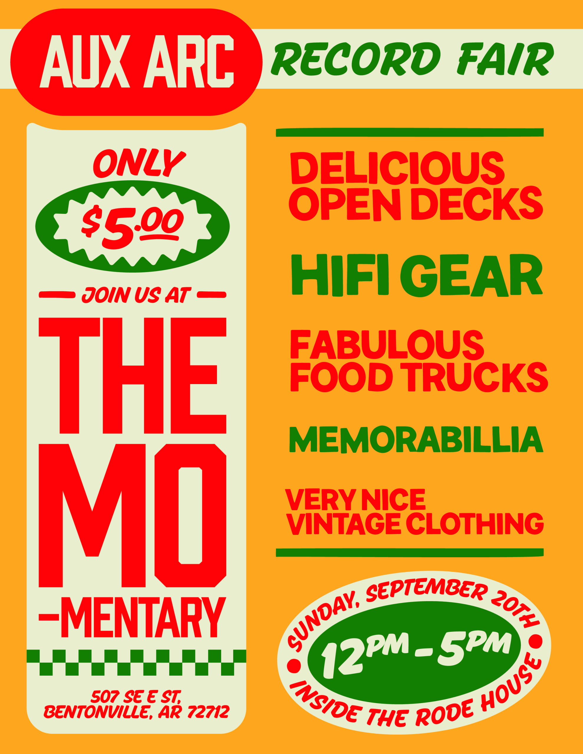 Bright orange poster with bold red/green text advertising a record fair and $5 sign.