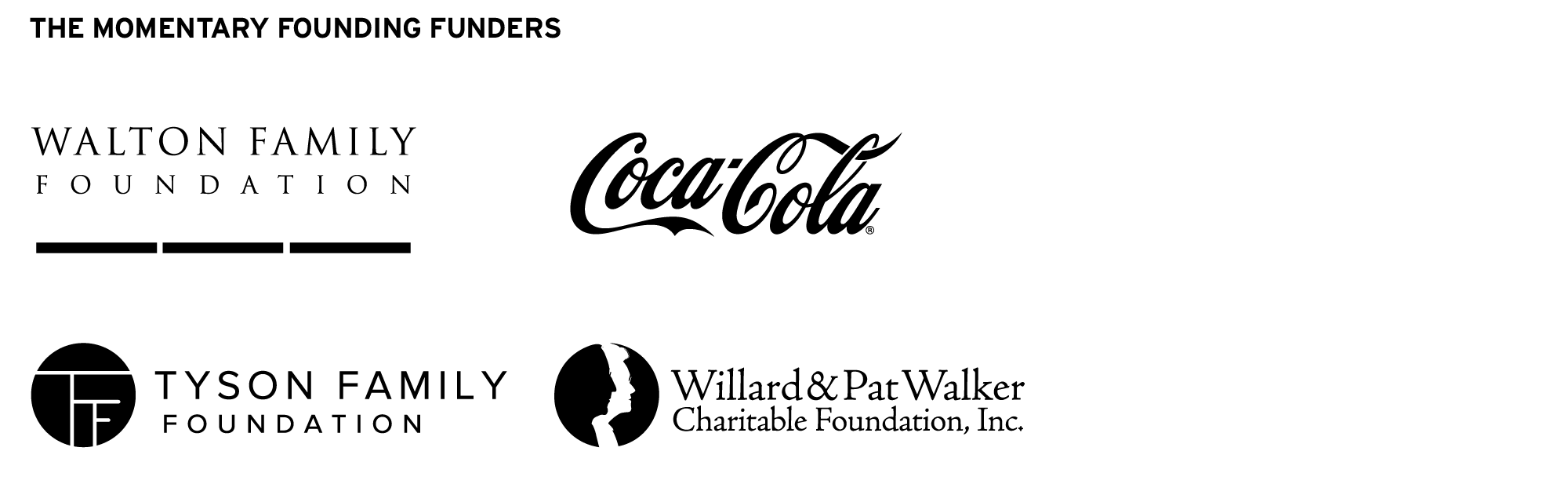 Collage of five black-and-white philanthropic logos: Walton Family Foundation, Coca-Cola, Tyson Family Foundation, Willard & Pat Walker Charitable Foundation, Inc., with a white background.