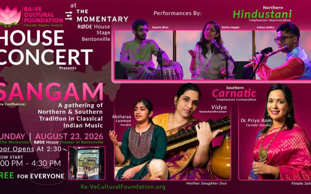 Poster for SANGAM House Concert with Northern & Southern Indian classical music performers on pink-purple background.