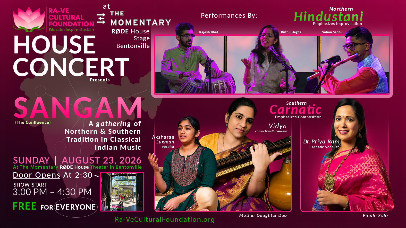 Poster for SANGAM House Concert with Northern & Southern Indian classical music performers on pink-purple background.