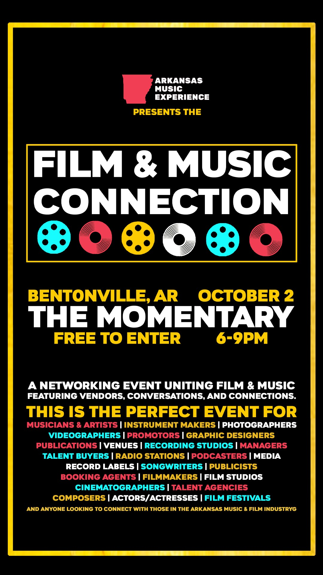 Poster for Film & Music Connection event in Bentonville, AR with bold text and film reels.