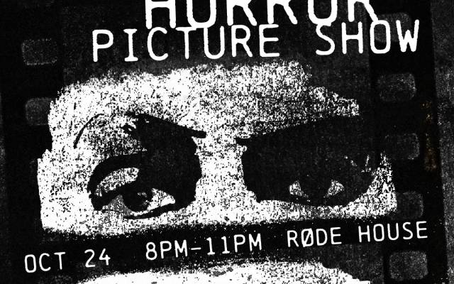 Black-and-white poster for The Rocky Horror Picture Show with grainy film strip and bold text.
