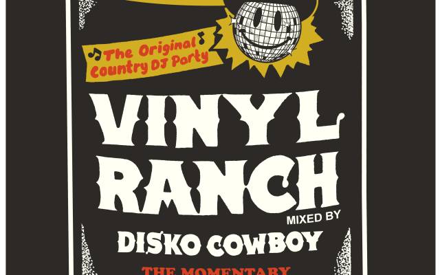 Poster-style label for The Original Country DJ Party with a disco ball, hat, and multi-color stripes on a dark background.