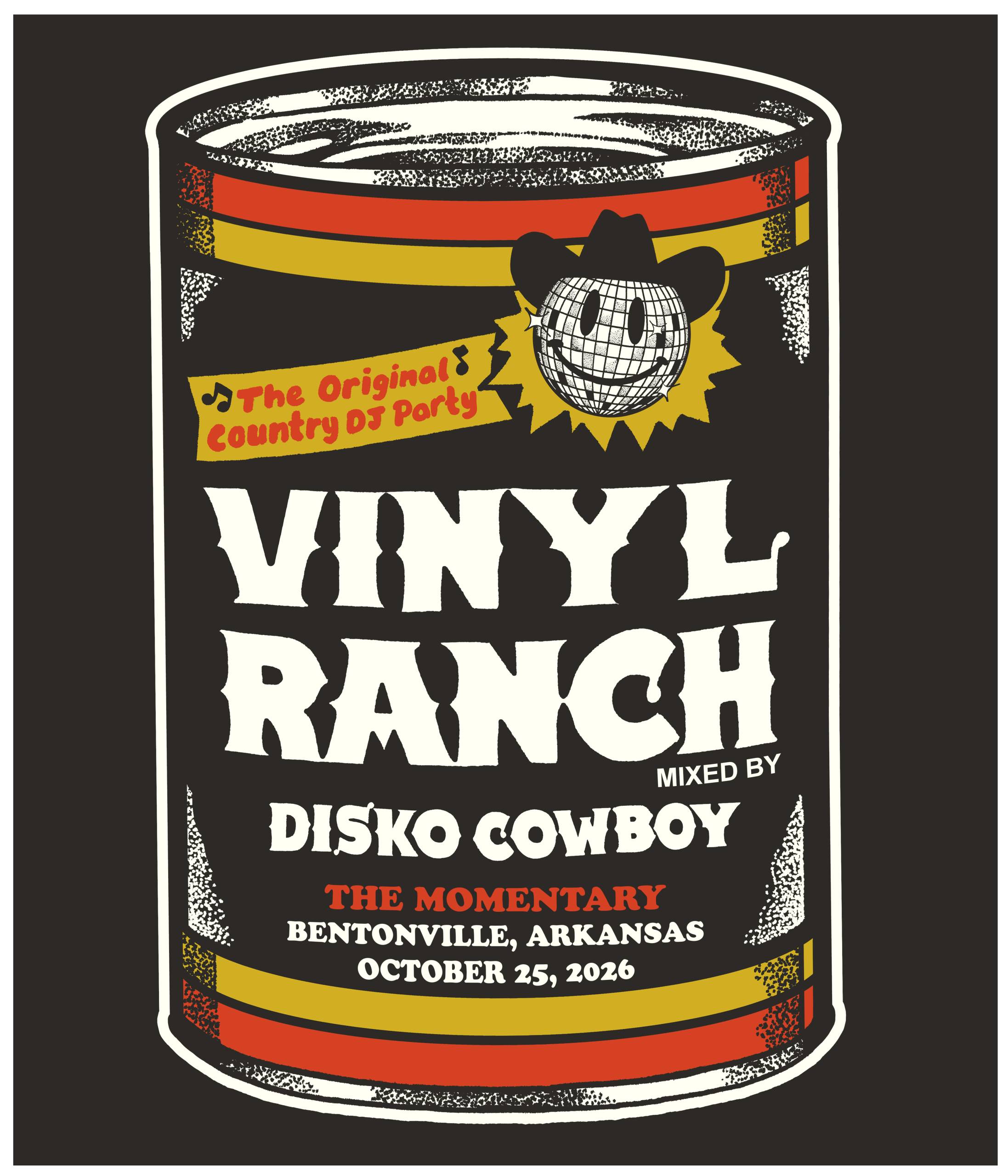 Poster-style label for The Original Country DJ Party with a disco ball, hat, and multi-color stripes on a dark background.
