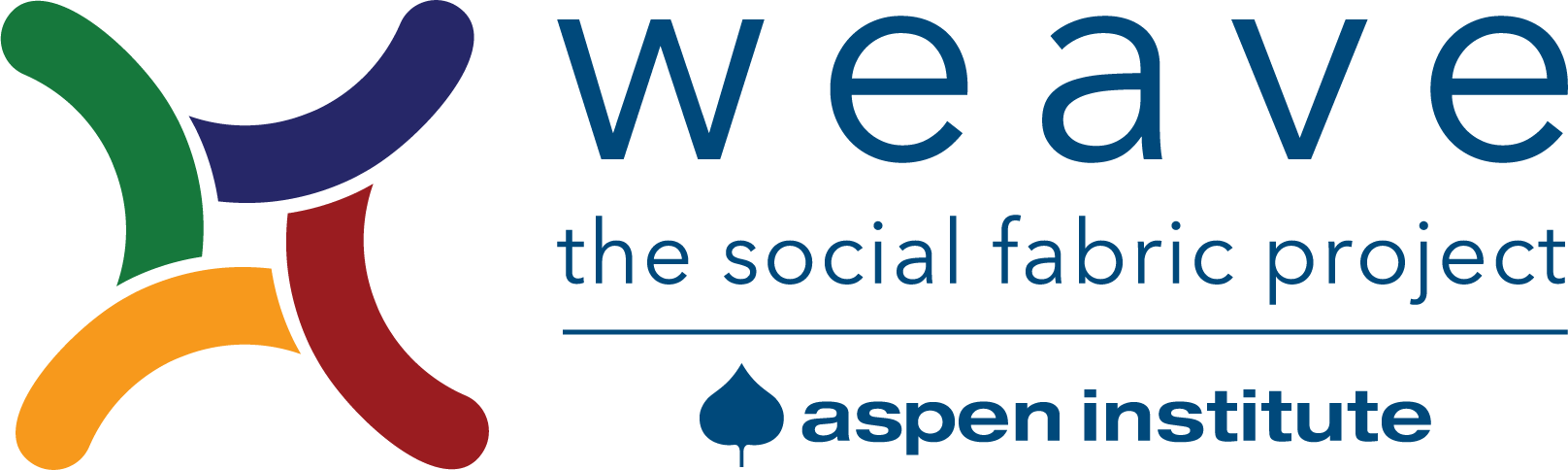 Logo: abstract colorful shapes forming a figure with the text “weave the social fabric project” and “aspen institute.”