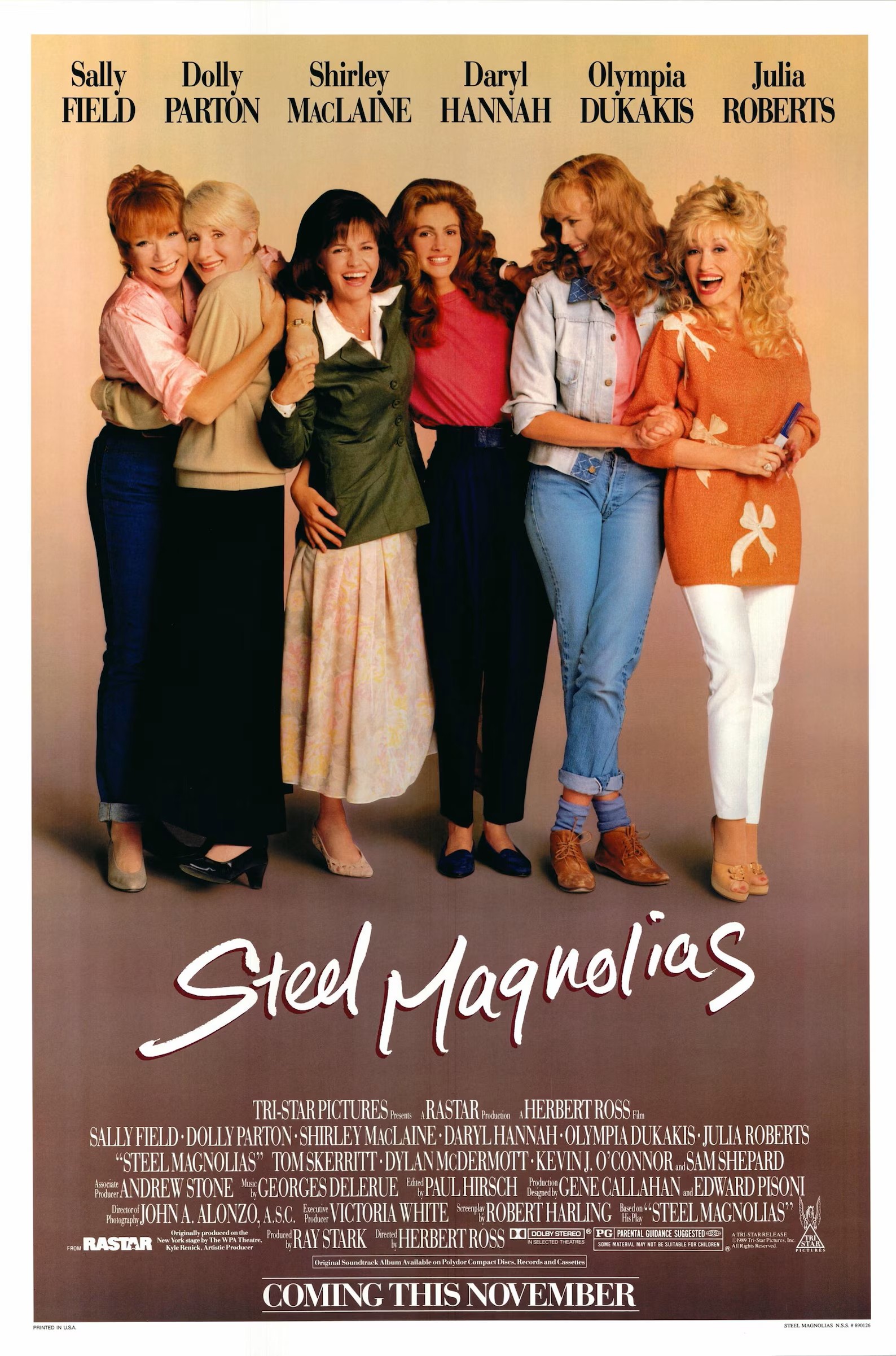 Poster-style image of six women in 1980s outfits standing arm-in-arm, smiling.
