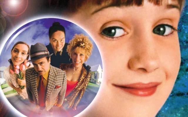 Close-up of a smiling girl with a circular inset showing a vintage group photo and the title MATILDA.
