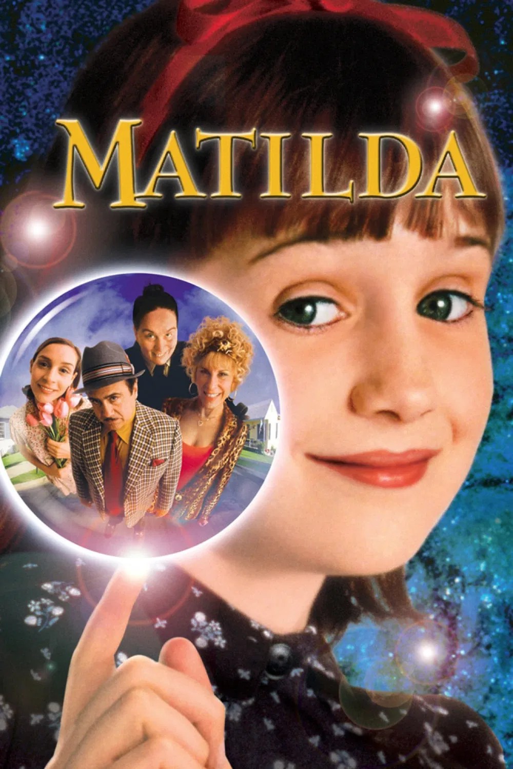 Close-up of a smiling girl with a circular inset showing a vintage group photo and the title MATILDA.